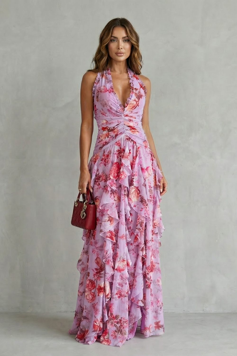 Belladina | Robe longue Romantica Cascata di Rose avec Décolleté Américain