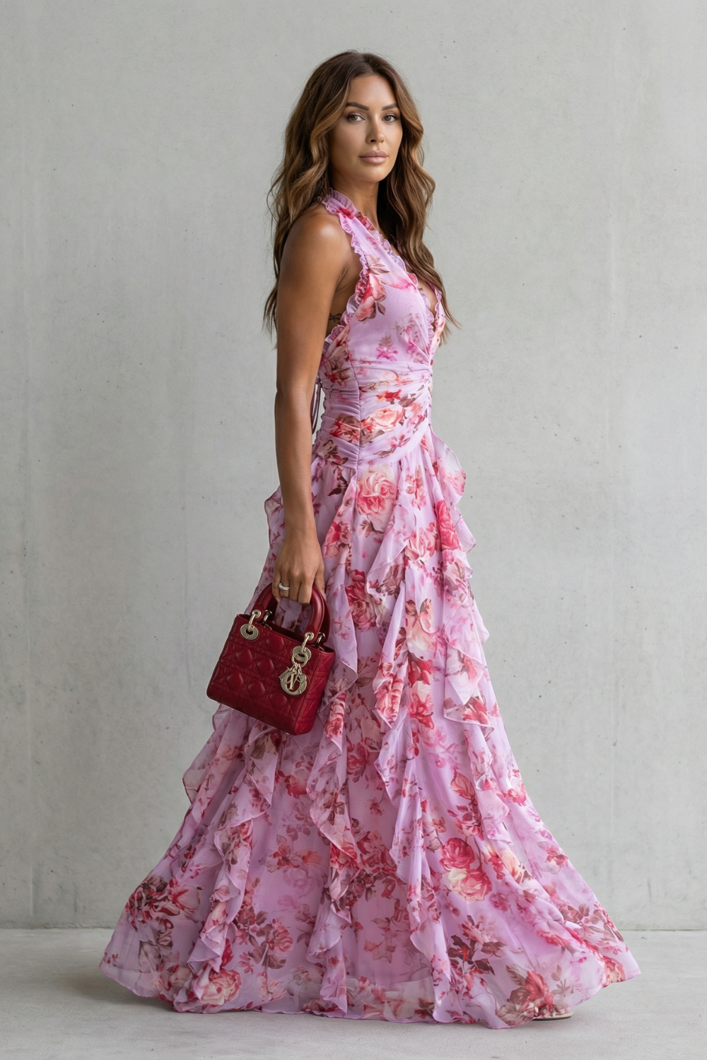 Belladina | Robe longue Romantica Cascata di Rose avec Décolleté Américain