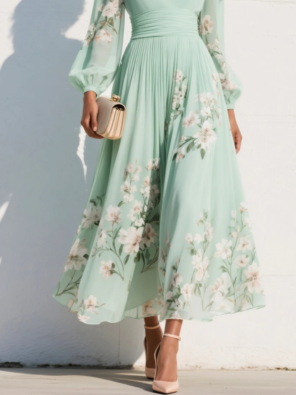 Cisella | Robe midi verte claire à fleurs