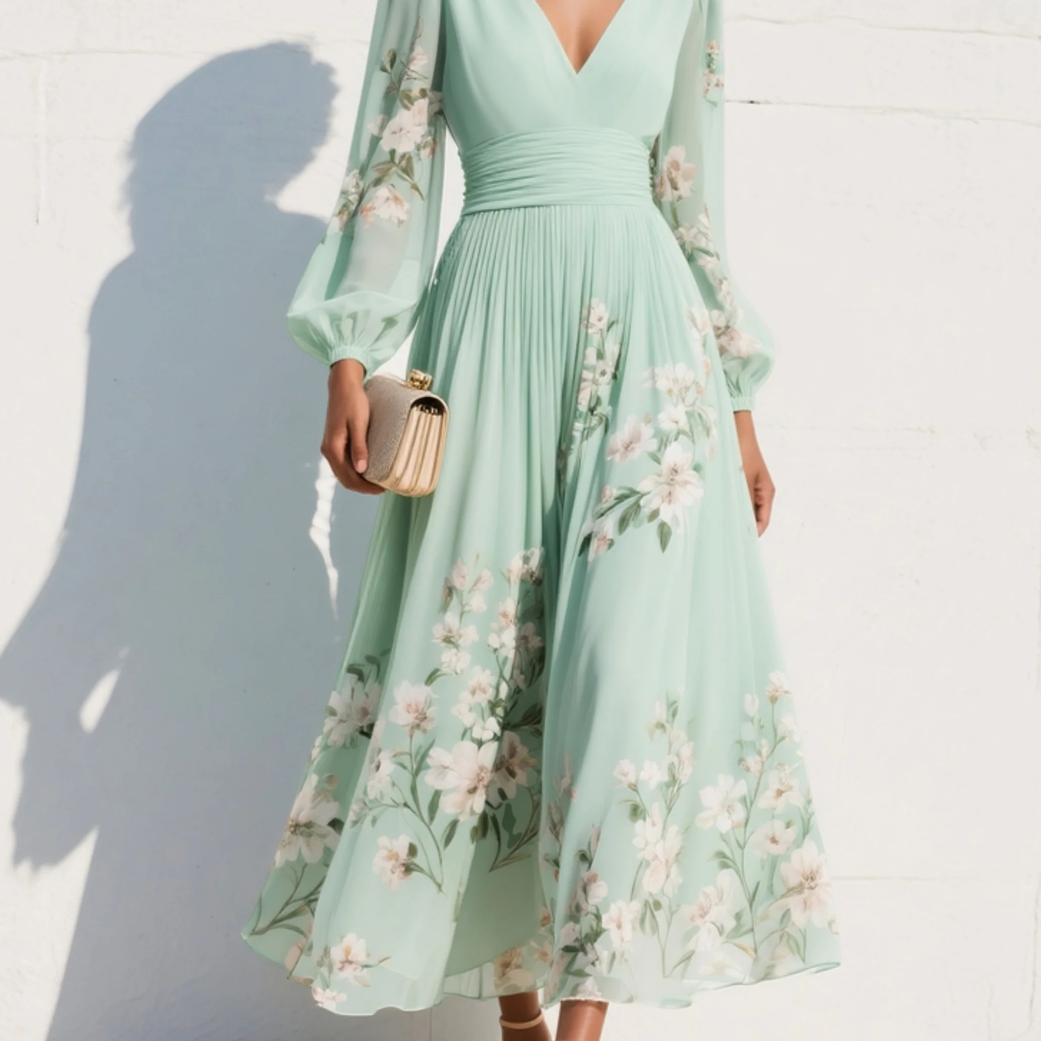 Simone | Robe Midi Vert Clair à Fleurs
