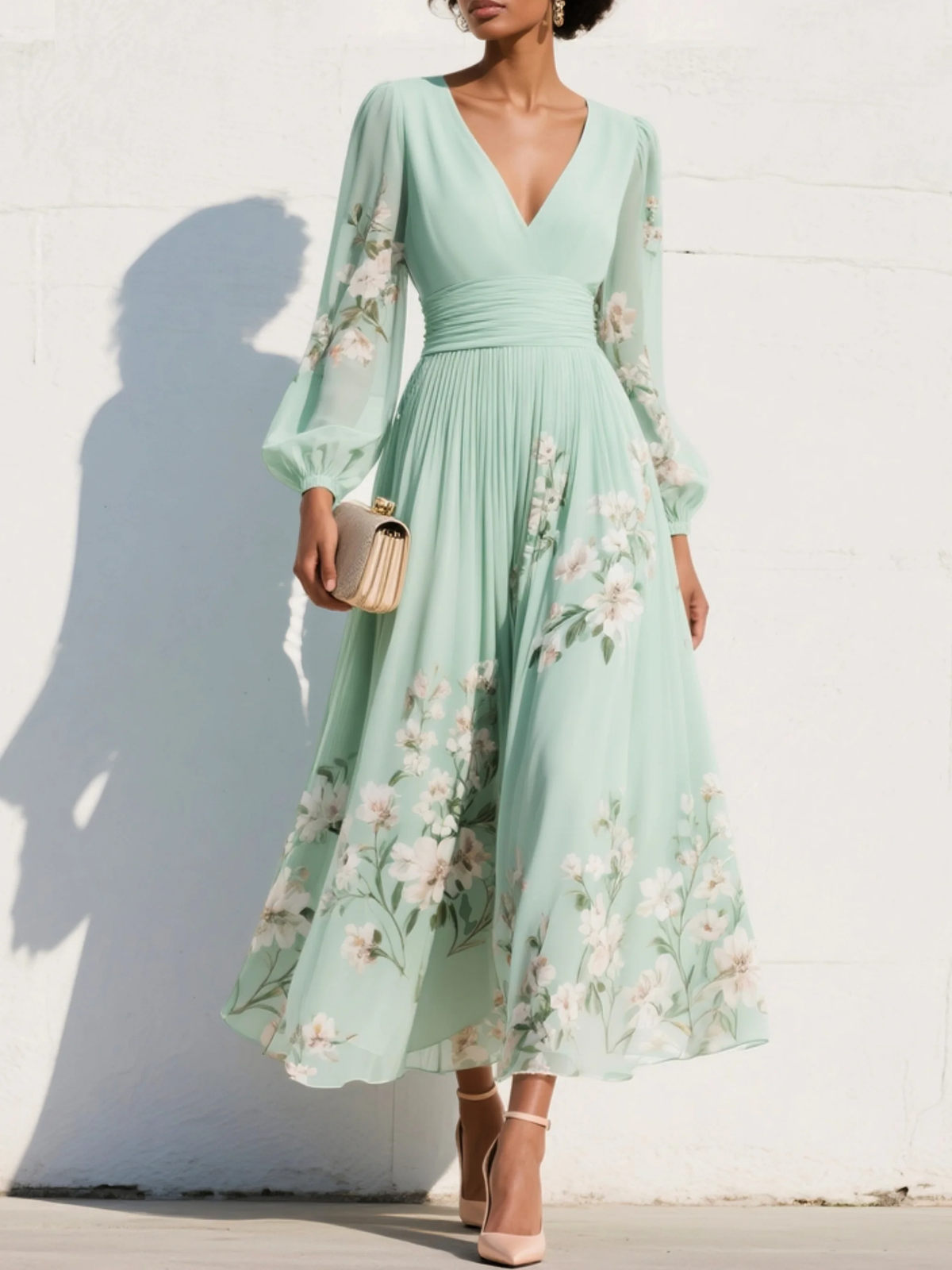Cisella | Robe midi verte claire à fleurs
