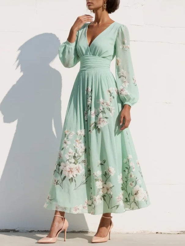 Cisella | Robe midi verte claire à fleurs