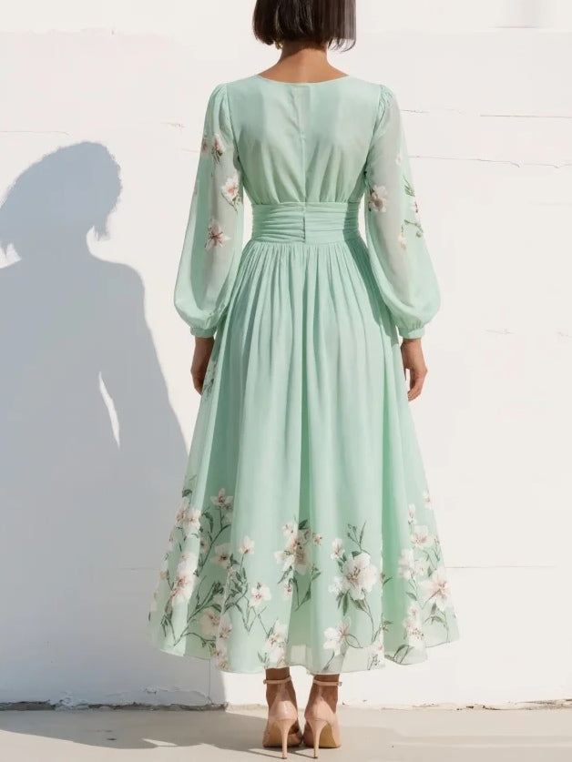 Cisella | Robe midi verte claire à fleurs