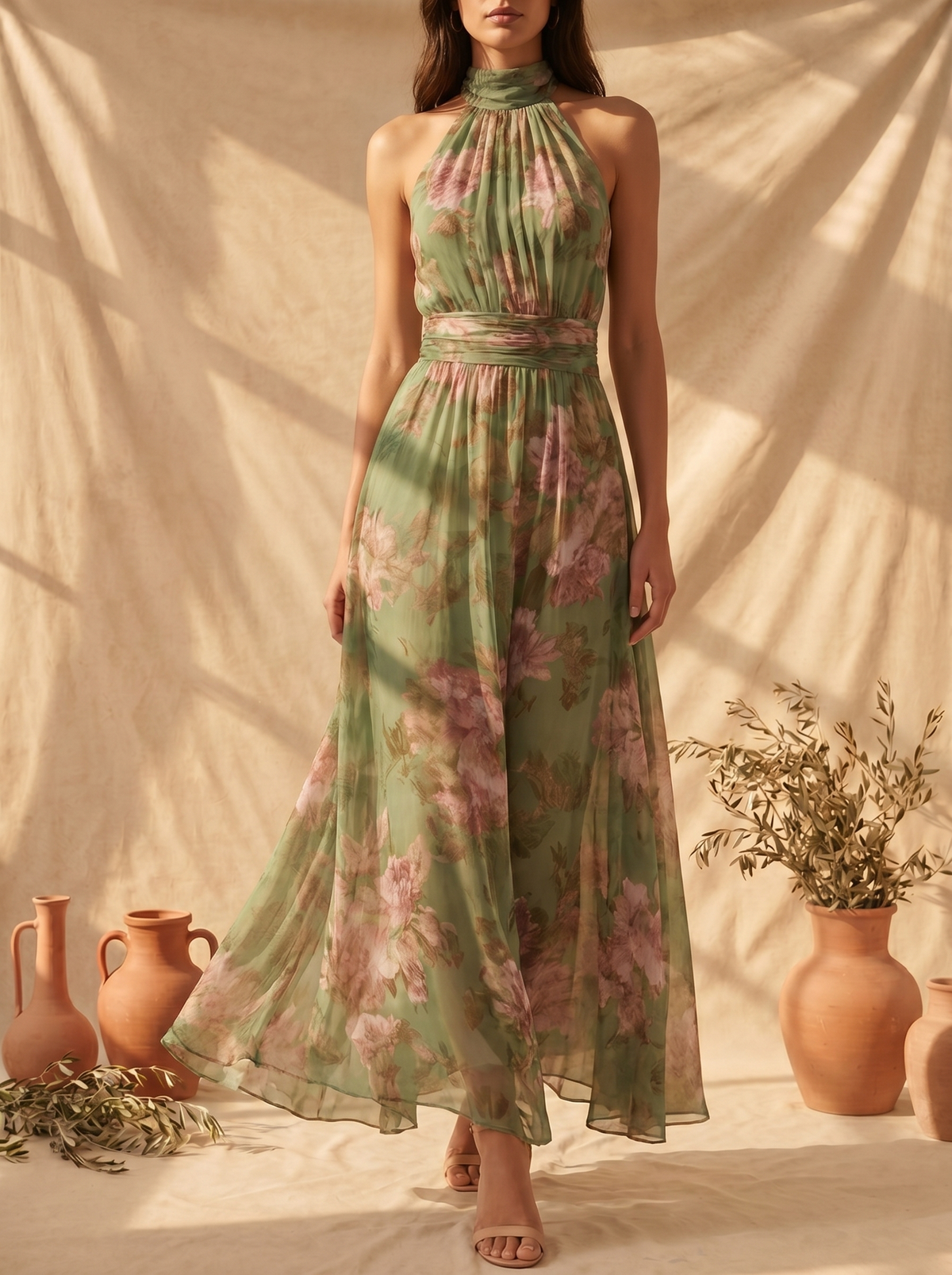 Livia | Robe Maxi Halter Florale Élégante