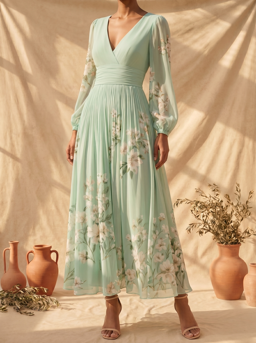 Cisella | Robe midi verte claire à fleurs