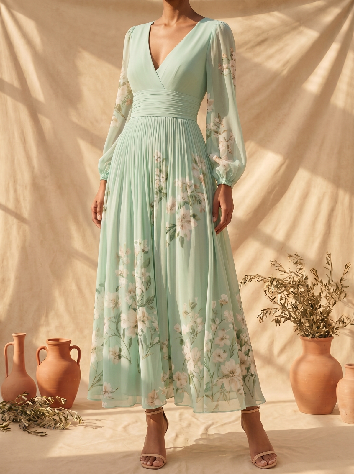 Cisella | Robe midi verte claire à fleurs