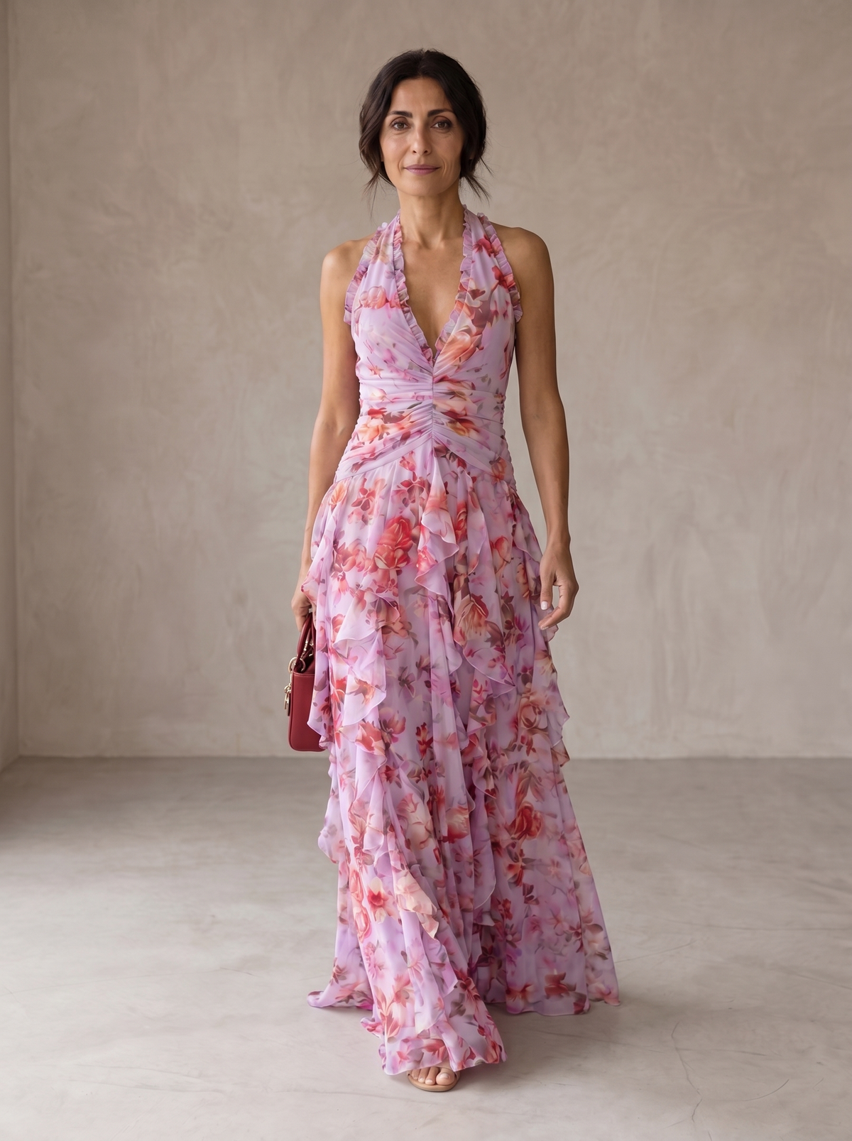Belladina | Robe longue Romantica Cascata di Rose avec Décolleté Américain