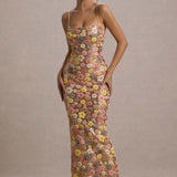 Villette – Robe Maxi avec Fleurs Brillantes et Bretelles Fines